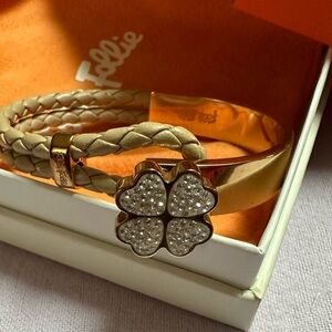 Gorgeous Folli Follie bangle/bracelet. Rose gold/ leather/ Swarovski crystal